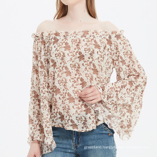 women fashion look off shoulder blouse with ruffle neck and bell sleeve loose elegant comfortable floral chiffon blouse